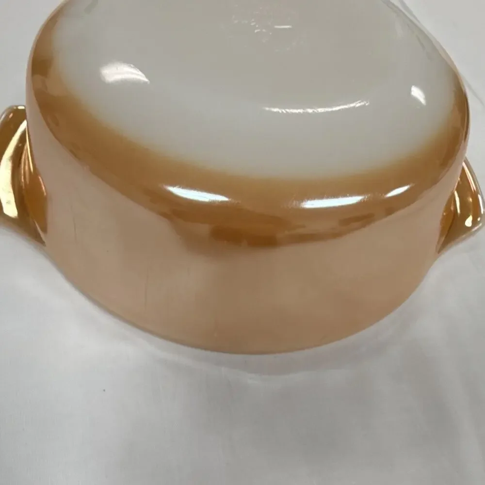 Fire king Round Pink/White Glass Casserole Dish w/ Handles, Glossy Finish, 9 in
